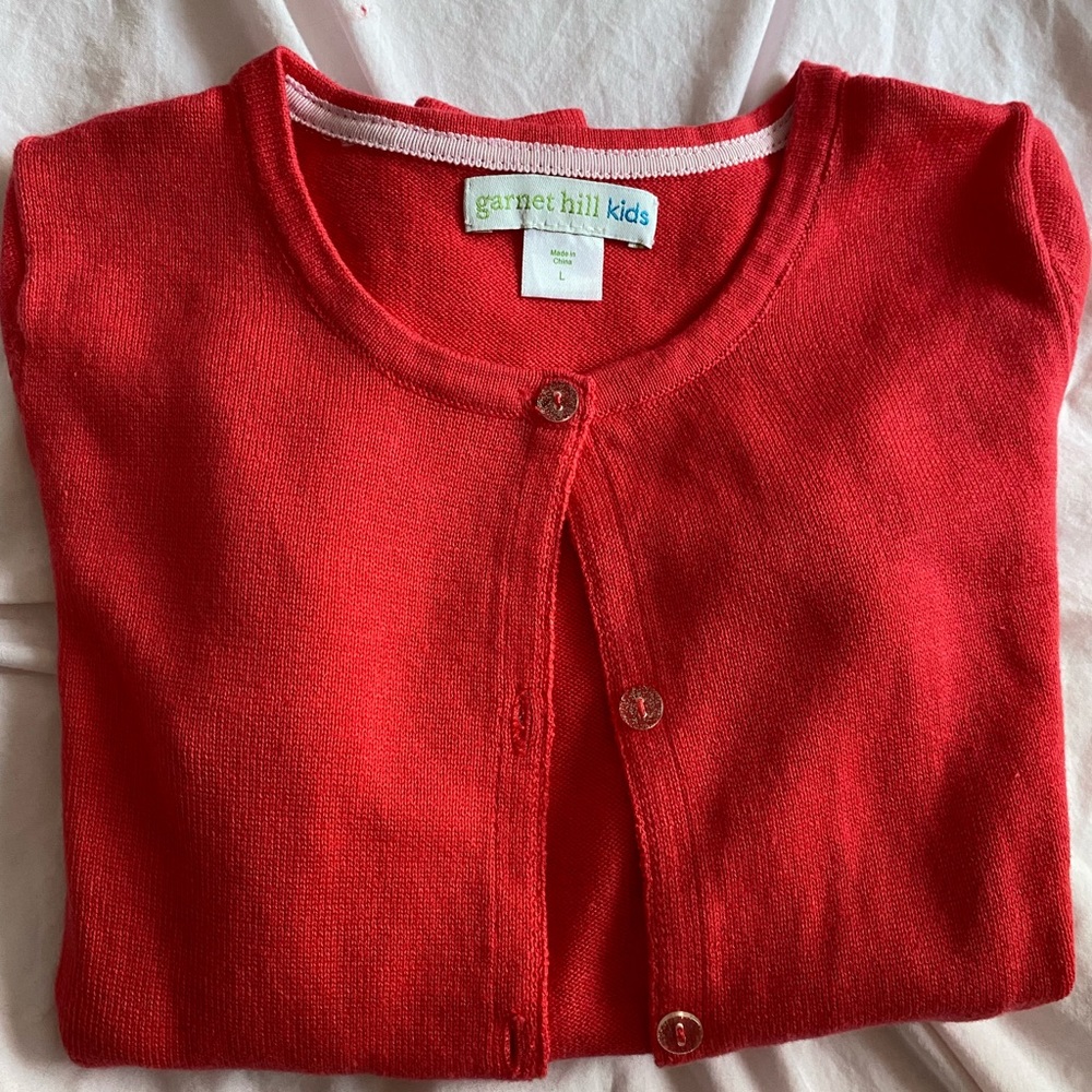 Garnet Hill Kids NWOT cotton cardigan in bright coral. Size L, 8-10